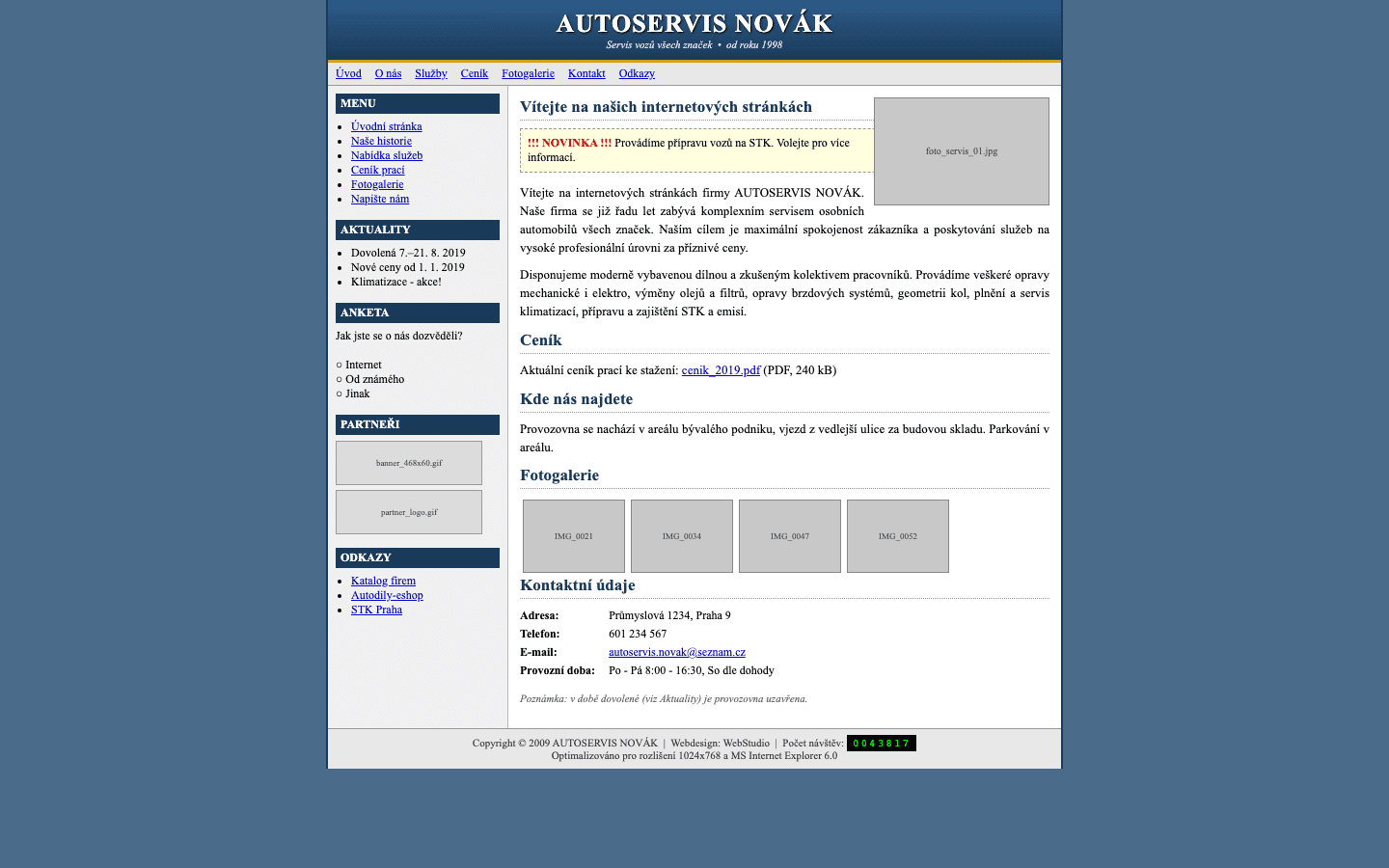 Web autoservisu ve stylu roku 2009 — tabulkový layout, ceník v PDF, počítadlo návštěv